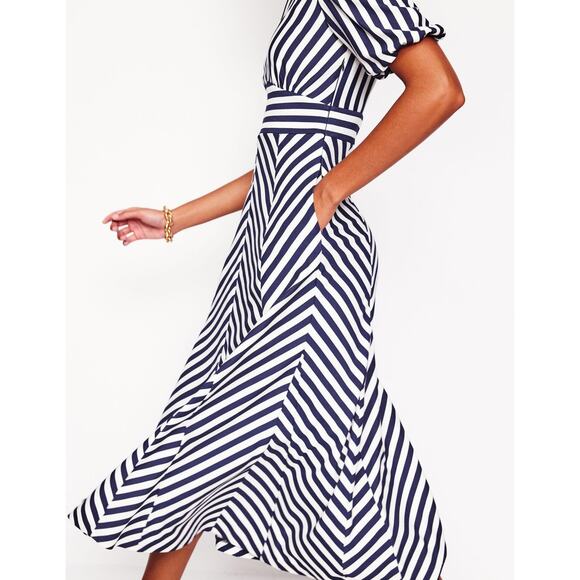 Boden Ponte Panelled French Navy Ivory Striped V-Neck Short Sleeve Tea Dress 20 - Picture 3 of 13